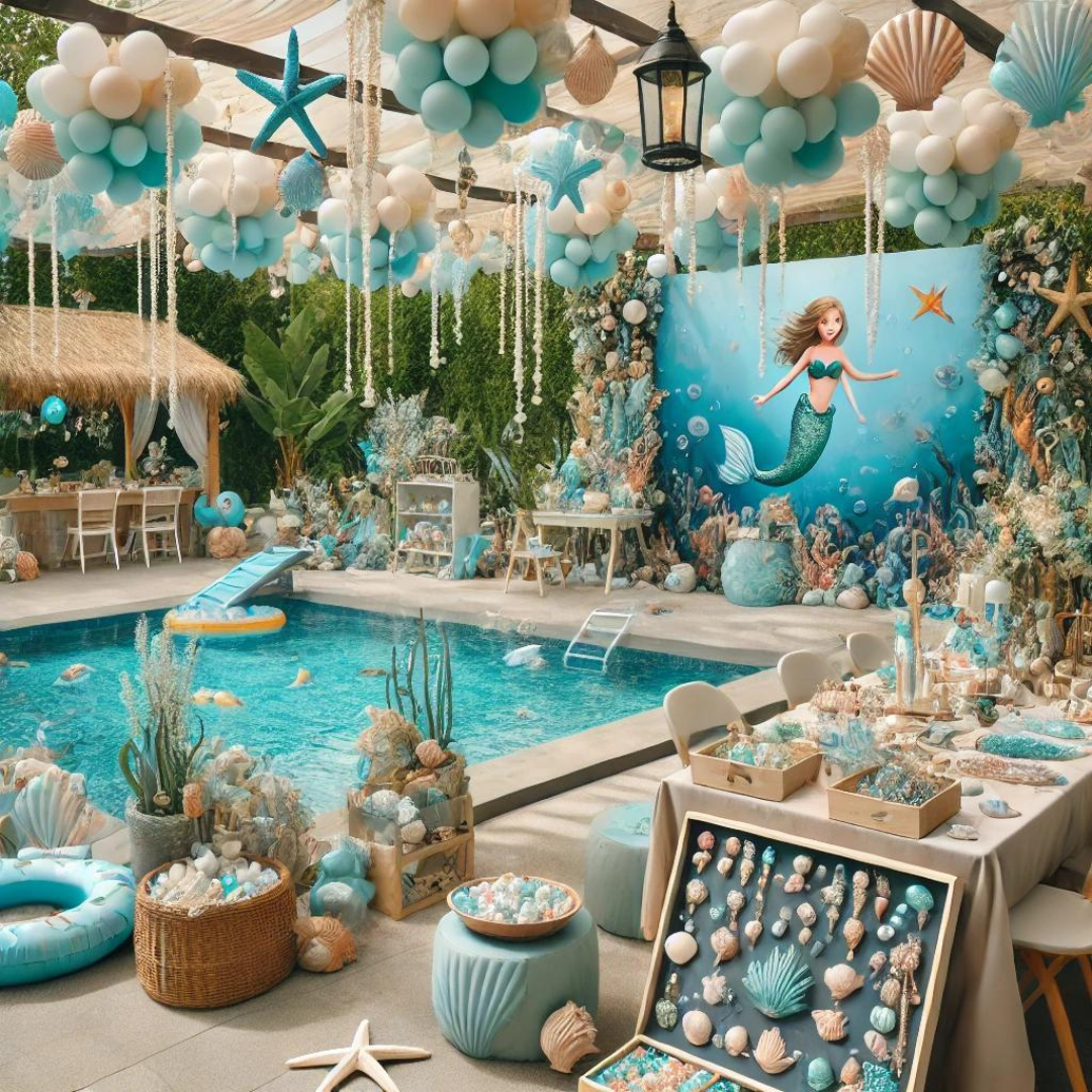 Blogue thèmes anniversaire enfants été (1) Fête d'anniversaire d'un enfant sur le thème de l'océan, conçue dans un cadre extérieur réaliste. Cette installation comprend des guirlandes de ballons aux couleurs de l'océan, des décorations de coquillages et de perles, ainsi qu'un espace piscine équipé pour des jeux aquatiques et une course de nageoires de sirène. De plus, il y a un atelier pour fabriquer des bijoux de sirène et un photomaton qui ressemble à une scène sous-marine avec des accessoires de plongée, créant ainsi un thème océanique vibrant et attrayant.