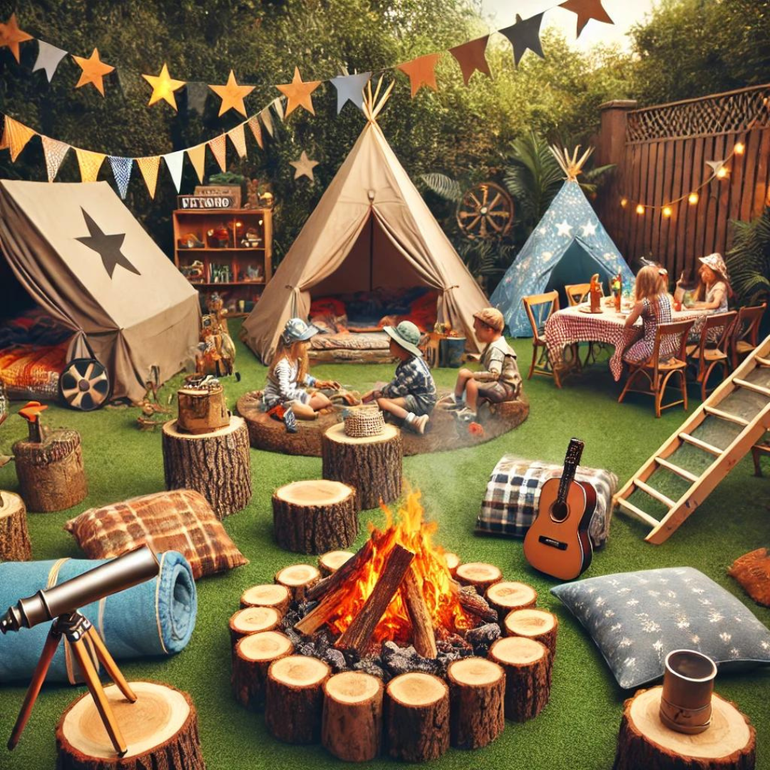 Camping birthday party Fête d'anniversaire en camping à la maison, conçue pour transformer votre jardin en un campement aventureux. La scène comprend des tentes, un faux feu de camp, des sacs de couchage et des espaces pour les jeux de plein air et l'observation des étoiles, créant ainsi une atmosphère festive et amusante pour les enfants.