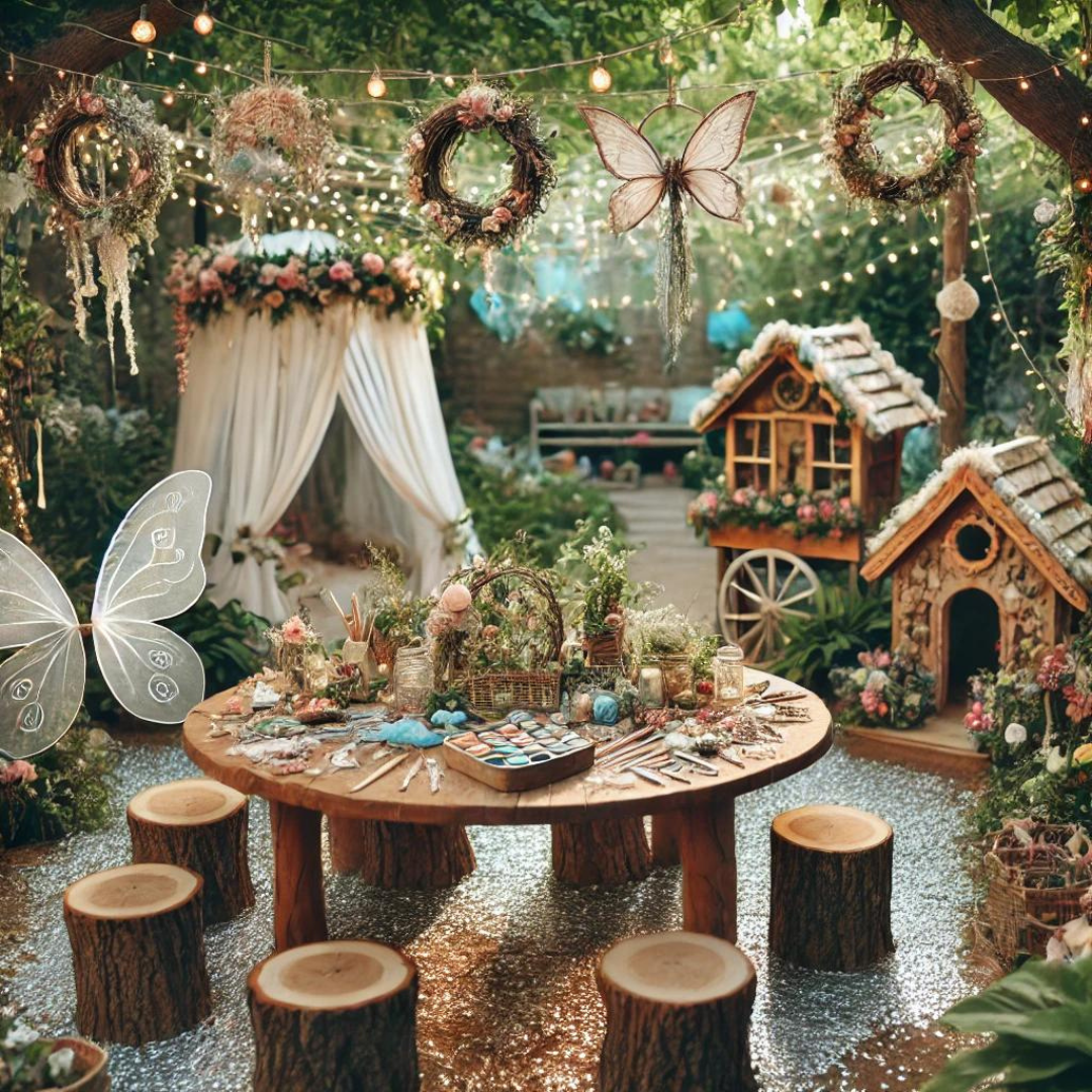 Fairy garden party Fairy garden party pour enfants, atmosphère magique et enchanteresse avec des décorations inspirées des fées. Le décor comprend des éléments tels que des ailes de fées scintillantes, des couronnes de fleurs et un espace de bricolage pour fabriquer des maisons de fées, le tout entouré de décors naturels et de guirlandes lumineuses scintillantes.