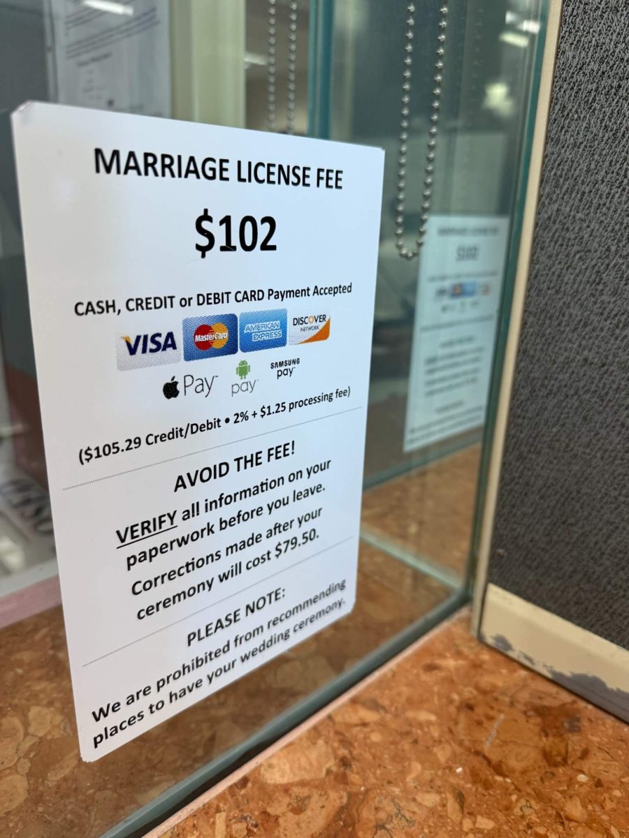 Gros plan sur une affiche du bureau du comté de Clark à Las Vegas indiquant les frais pour une licence de mariage à Vegas (102 $). L’image illustre la simplicité et l’accessibilité des démarches pour se marier à Las Vegas.